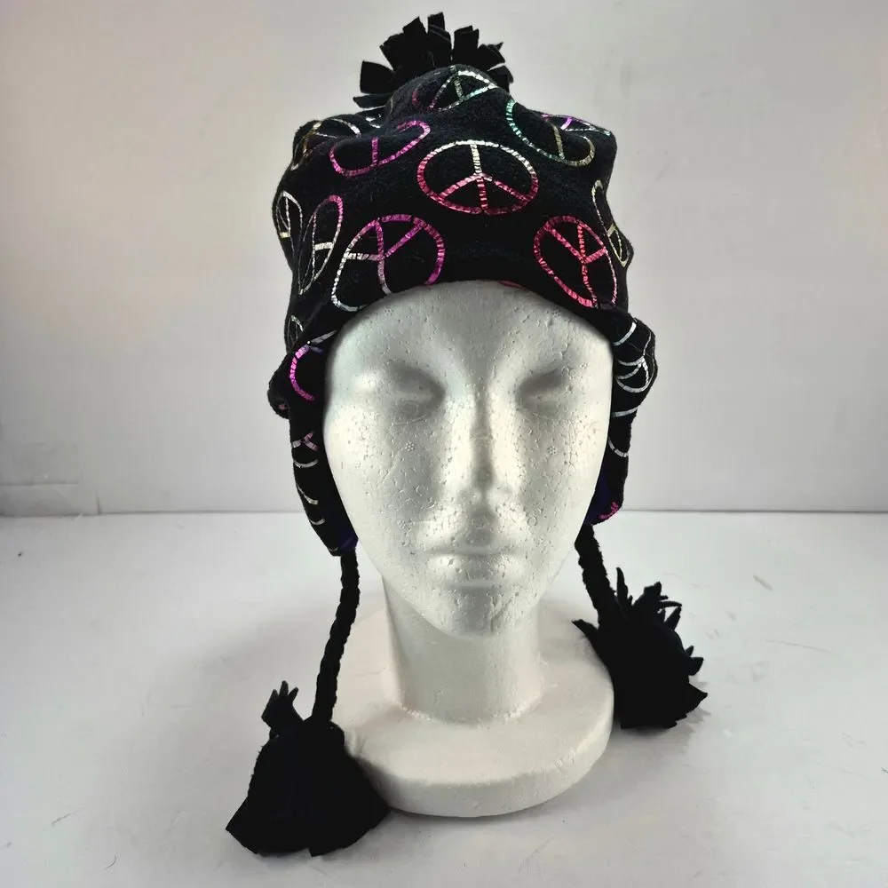 The Children's Place Black Fleece Earflap Winter Hat w/ Iridescent Peace Signs